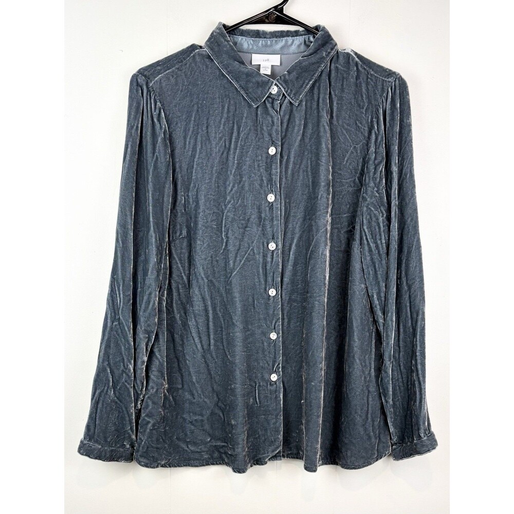 J.Jill Blouse Gray Blue Crushed Velvet Button Down Long Sleeve Collared Petite M